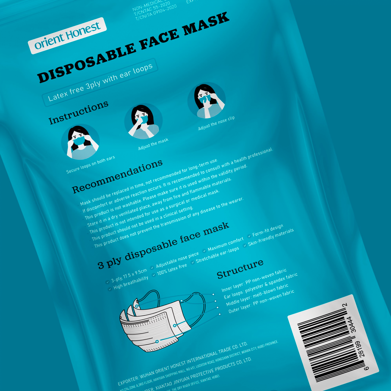 10 ct. Pack, Disposable 3-Ply Face Masks - Imagen 3